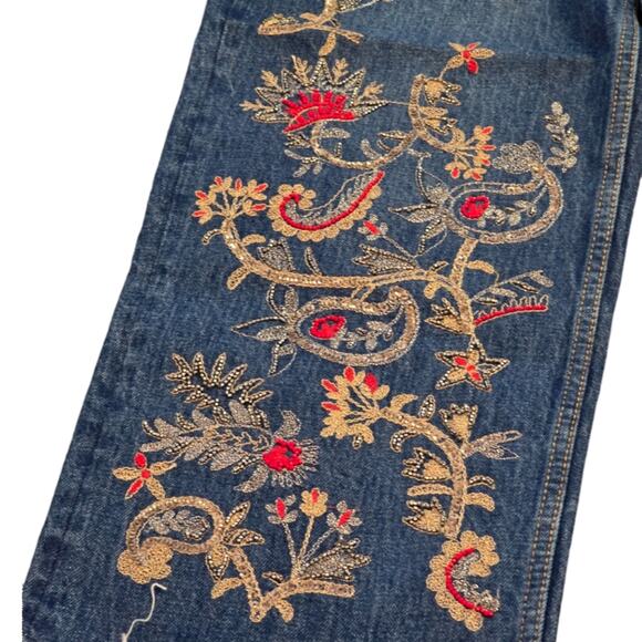 ZARA the New Culotte Embroidered Beaded Raw‎ Hem Straight Leg Jeans Sz Large New - Picture 4 of 16